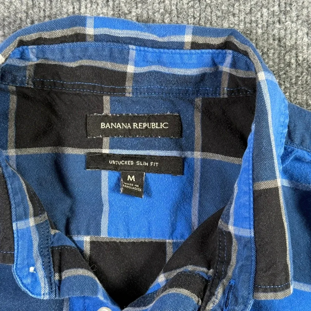 Banana Republic Button Down Shirt Mens M Blue Black Plaid Untucked Slim Fit